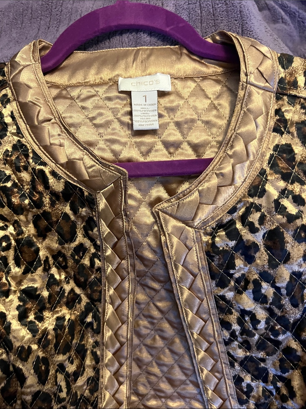 Chico's Metallic Gold Quilted Jacket with Leopard Panels